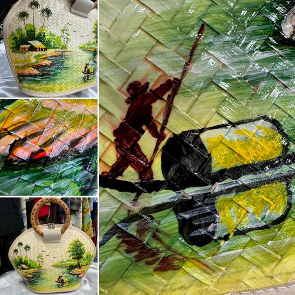 Vintage ECO- Friendly Woven Artisan Painted Eagle Grass Vietnamese Hand Bag - Picture 3 of 9